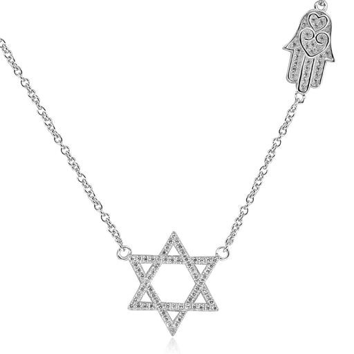 Sterling Silver Rhodium Plated with Star of David and Chamsah CZ Necklace