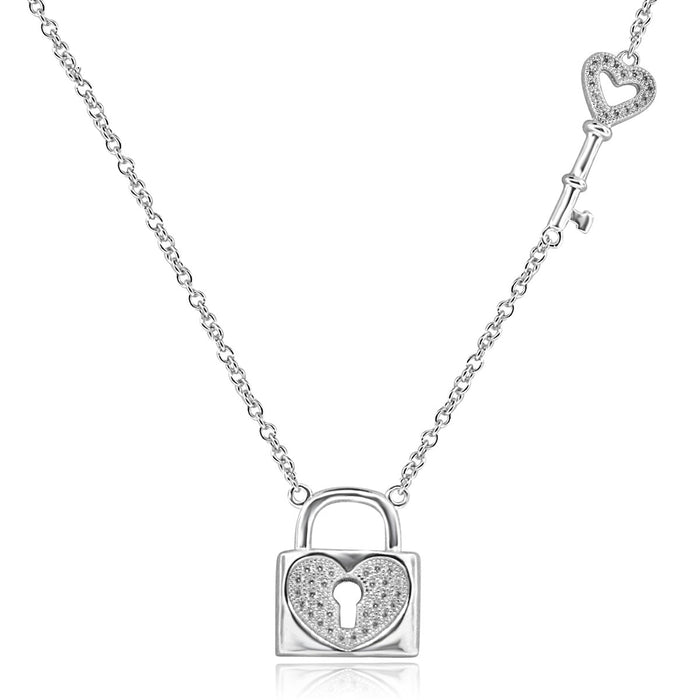 Sterling Silver Rhodium Plated Heart Lock and Key Necklace