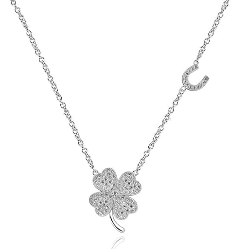 Sterling Silver Rhodium Plated with Four Leaf Clover and Horseshoe Necklace