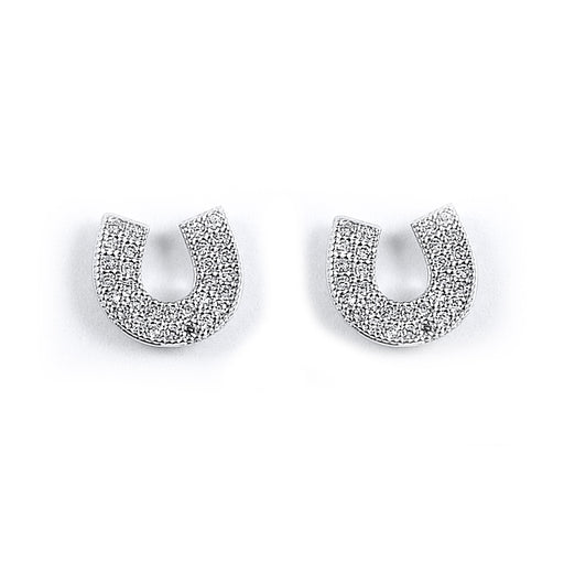 Sterling Silver Rhodium Plated and CZ Horseshoe Stud Earrings