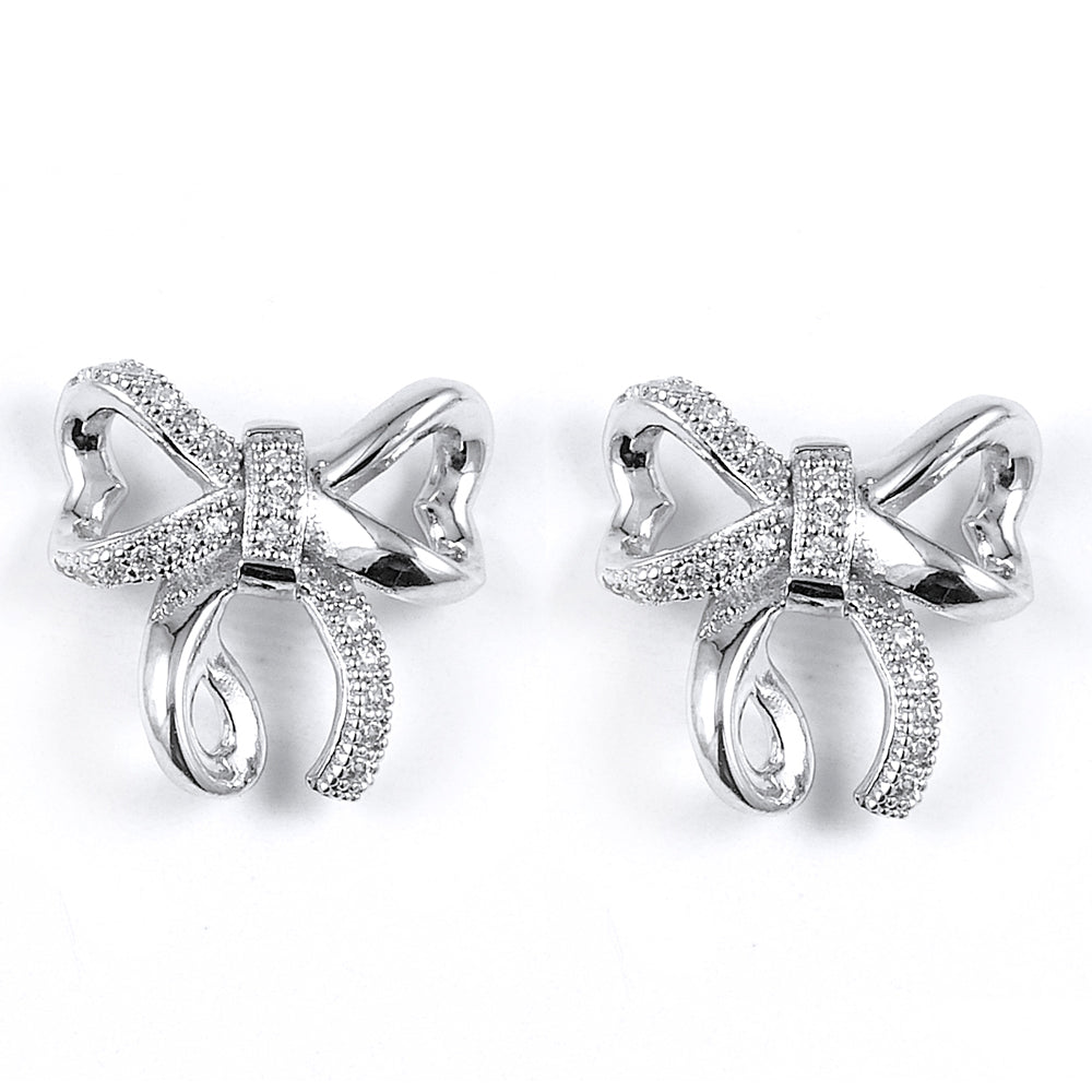 Sterling Silver Rhodium Plated and CZ Ribbon Stud Earrings