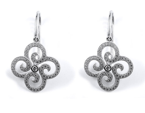 Sterling silver dangle flower earrings set with CZ and rhodium plating