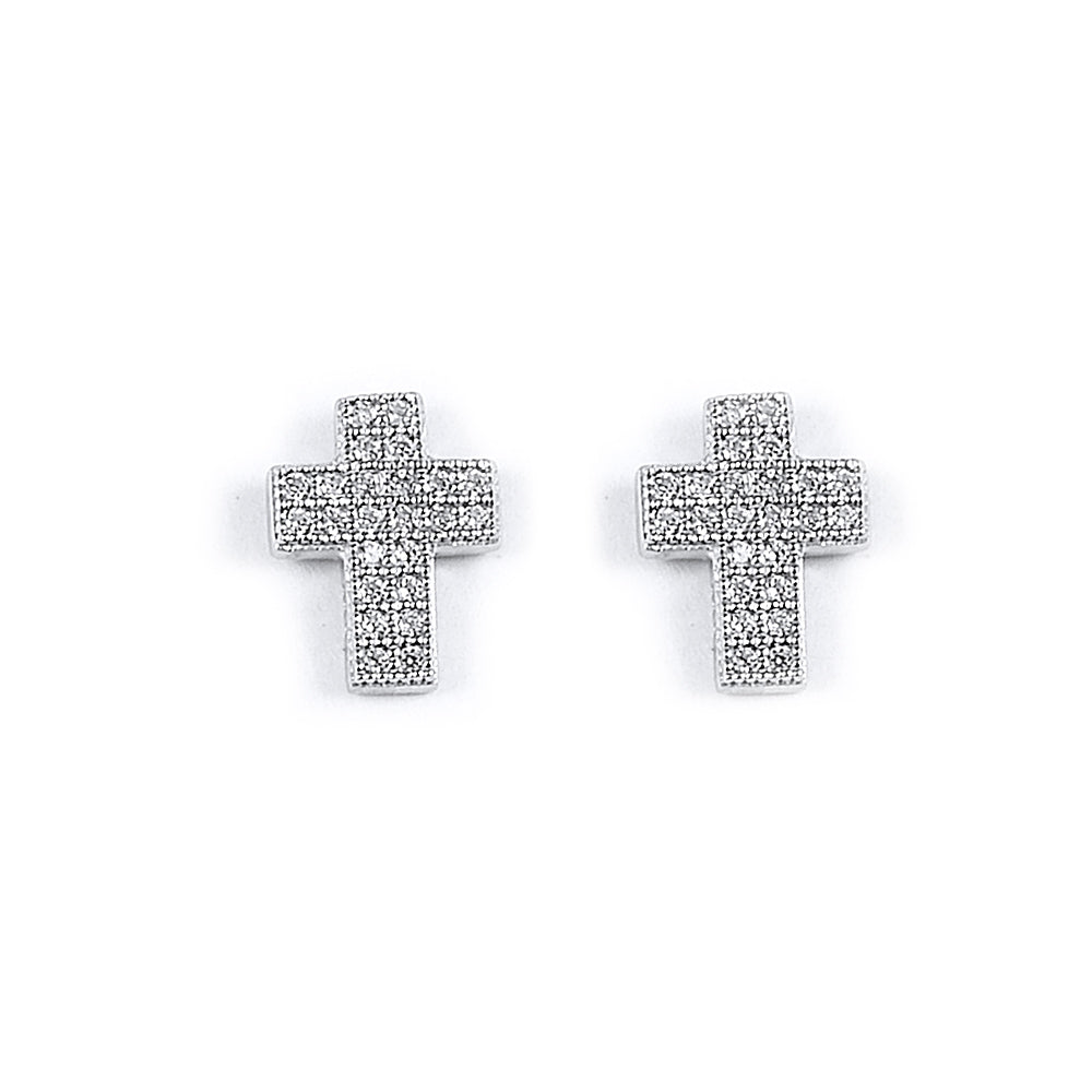 Sterling Silver Rhodium Plated and CZ Cross Stud Earrings