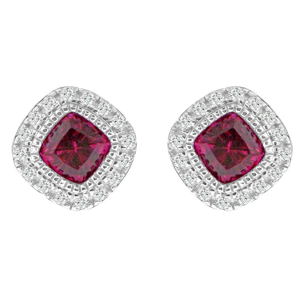Sterling Silver Rhodium Plated with Cushion Simulated Ruby and CZ Halo Stud Earrings