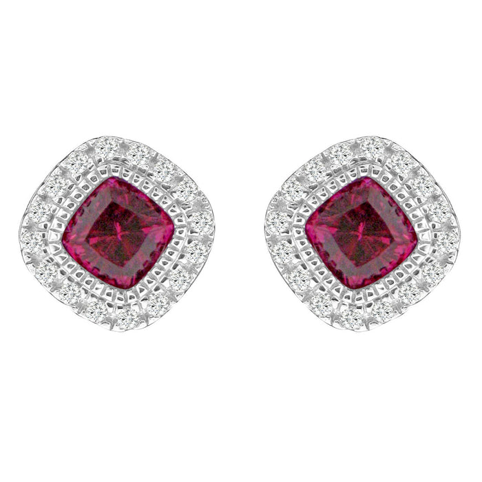 Sterling Silver Rhodium Plated with Cushion Simulated Ruby and CZ Halo Stud Earrings
