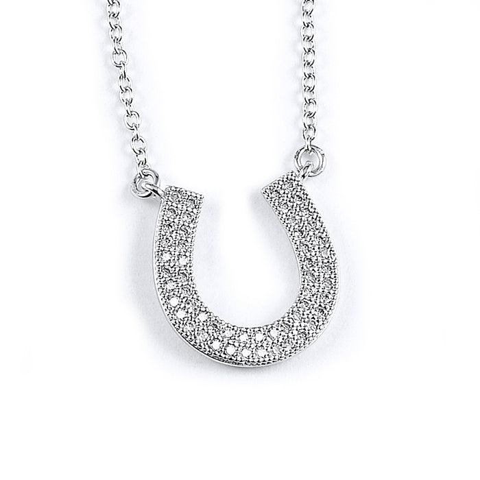 Sterling Silver Rhodium Plated and micro-pave CZ Horseshoe Necklace