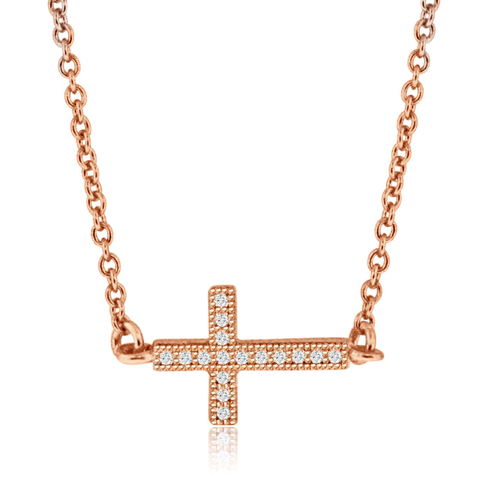 Sterling Silver Rhodium Plated and CZ Sideway Cross Necklace