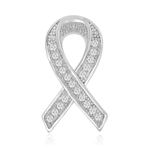 Sterling Silver Rhodium Plating and CZ Breast Cancer Ribbon Pendant