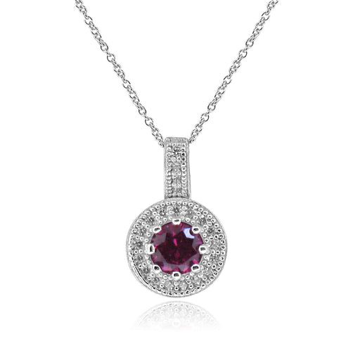 Sterling Silver Rhodium Plated with Simulated Ruby and CZ Halo Necklace