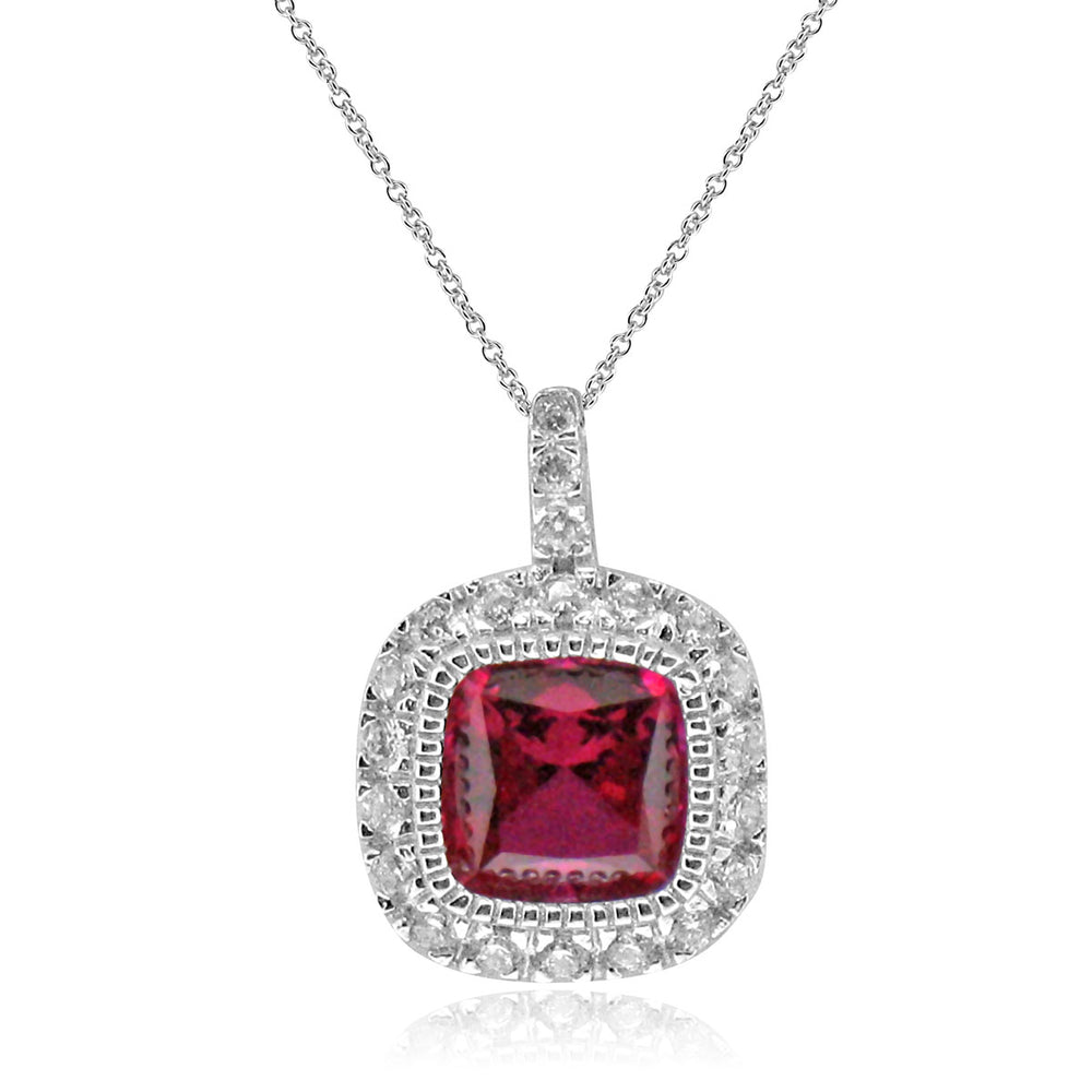 Sterling Silver Rhodium Plated with Cushion Simulated Ruby and CZ Halo Necklace