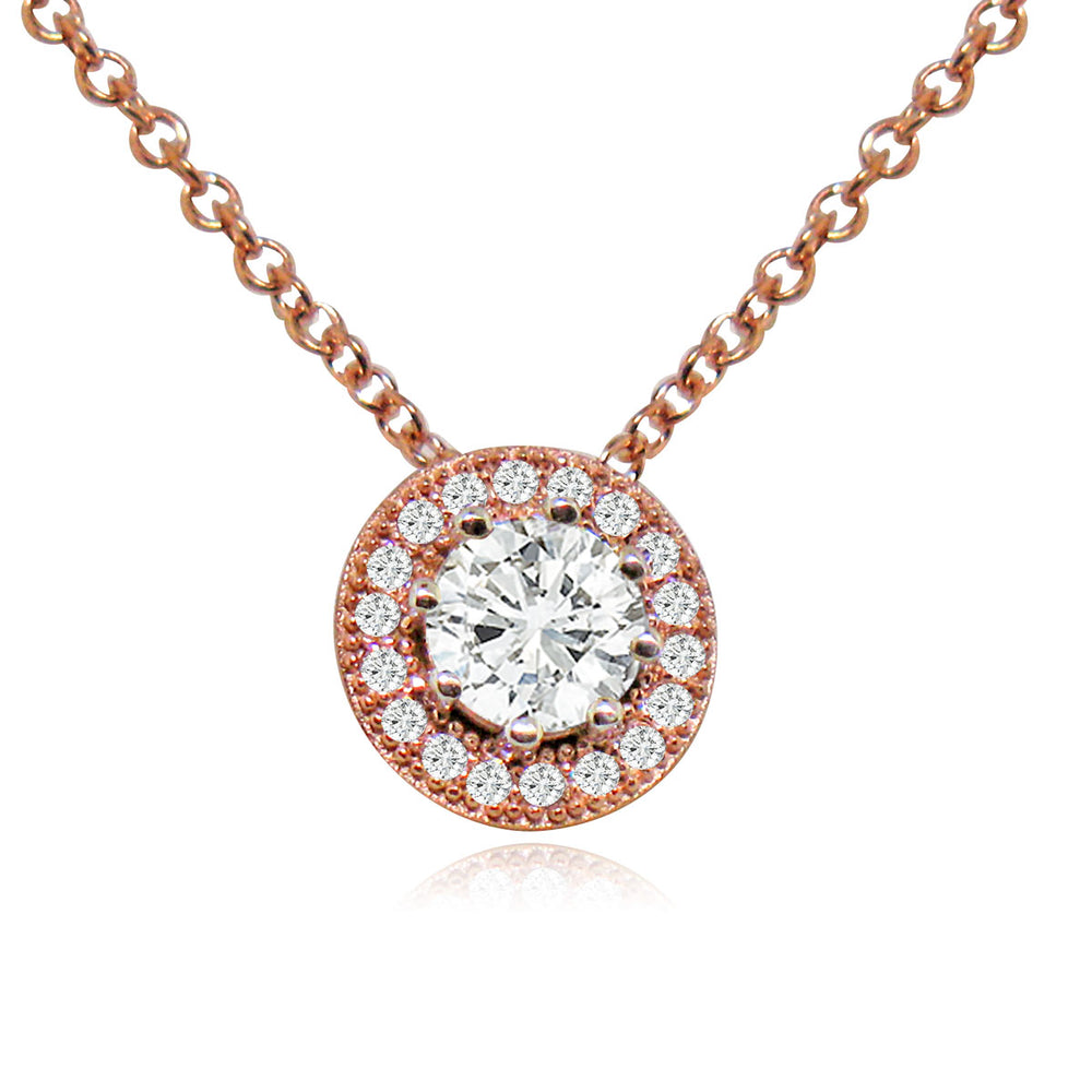 Sterling Silver Rose Gold Plated and CZ Halo Necklace