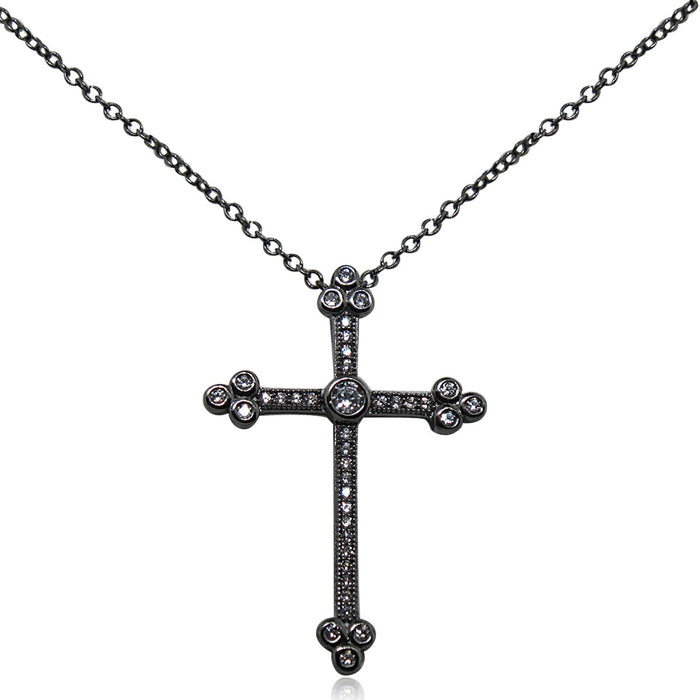 Sterling Silver Black Rhodium Plated and CZ Cross Necklace