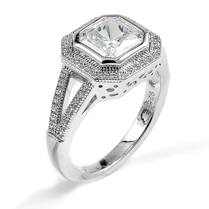 Sterling Silver Rhodium Plated and cushion cut CZ center stone Engagement Ring
