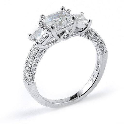 Sterling Silver Rhodium Plated and asscher cut CZ Engagement Ring