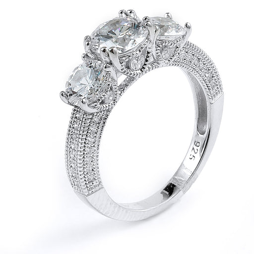 Sterling Silver Rhodium Plated and round CZ Three-Stone Engagement Ring