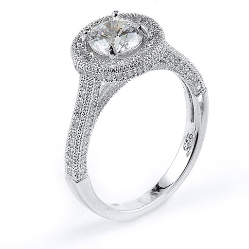 Sterling Silver Rhodium Plated and round CZ Halo Engagement Ring