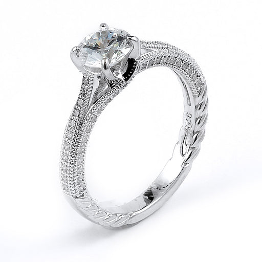 Sterling Silver Rhodium Plated and round CZ Engagement Ring
