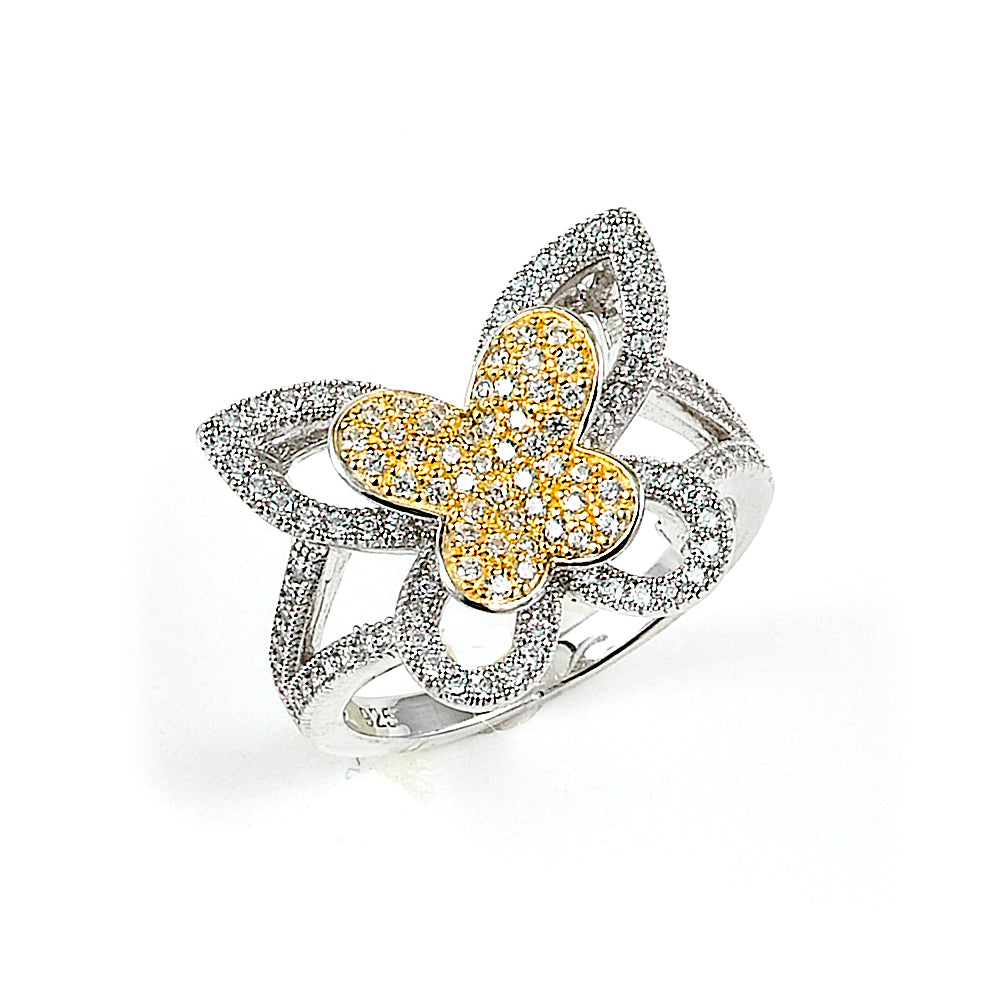 Sterling Silver Rhodium Plated with 14k Gold Plating and CZ Butterfly Ring