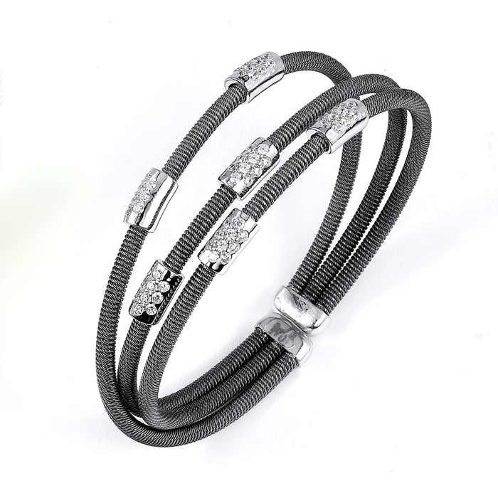 Sterling Silver Rhodium Plated and CZ stations three rows Bangle