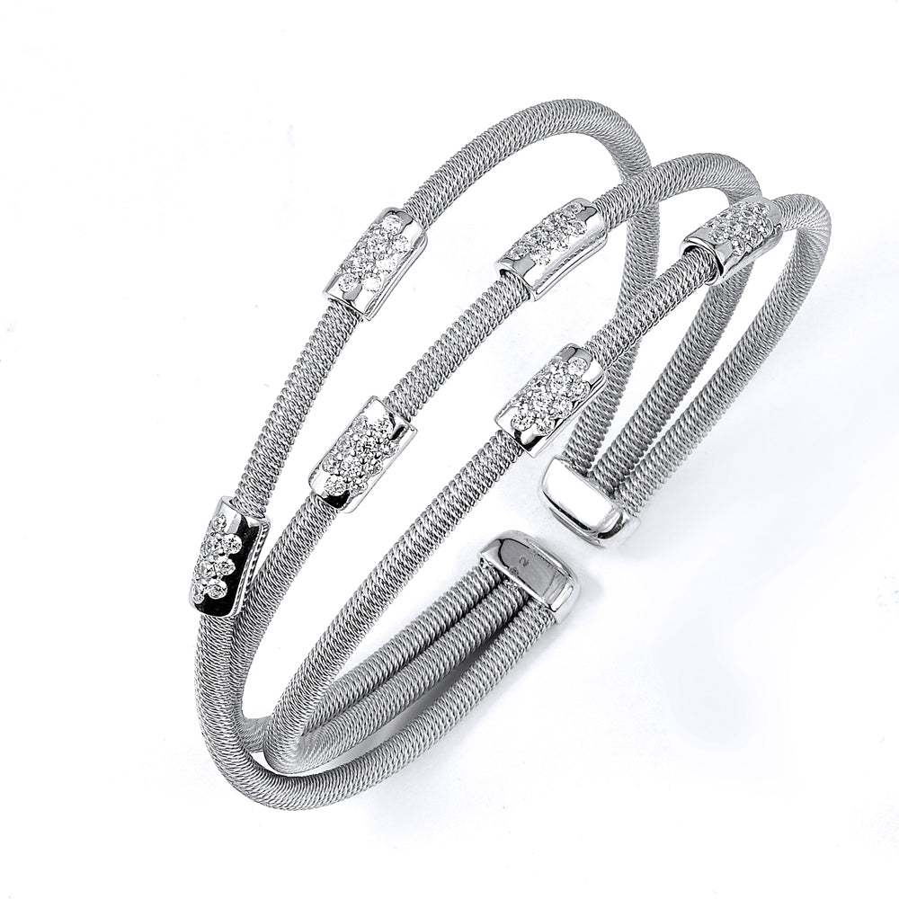 Sterling Silver Rhodium Plated and CZ stations three rows Bangle