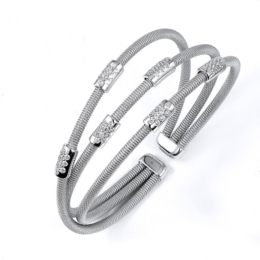 Sterling Silver Rhodium Plated and CZ stations three rows Bangle