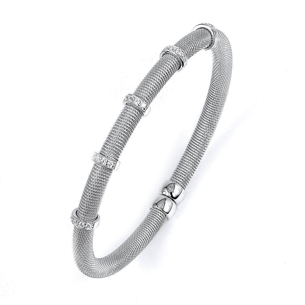 Sterling Silver Rhodium Plated and 5 stations of CZ Bangle