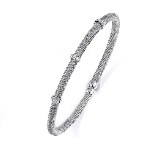 Sterling Silver Rhodium Plated and 3 stations of CZ woven coil Bangle