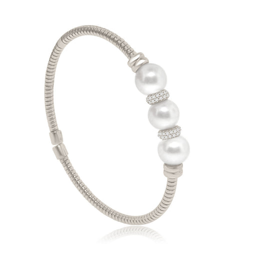 Sterling Silver Rhodium Plated with Simulated Pearl and CZ Bangle