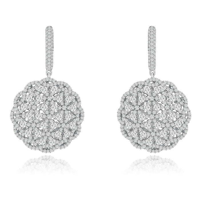 Sterling Silver Rhodium Plated and micro-pave flower CZ Dangle Earrings