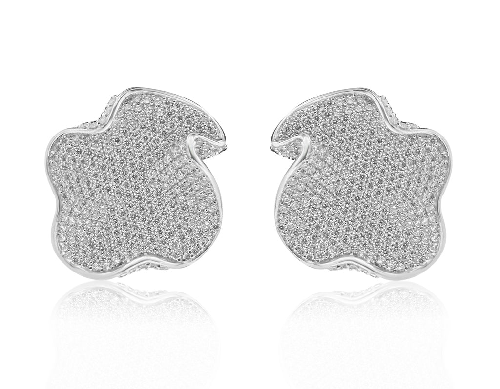 Sterling Silver Rhodium Plated and CZ Flat Wavy Stud Earrings