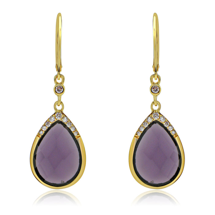Sterling Silver Gold Plated with Simulated Amethyst and CZ Teardrop Dangle Earrings