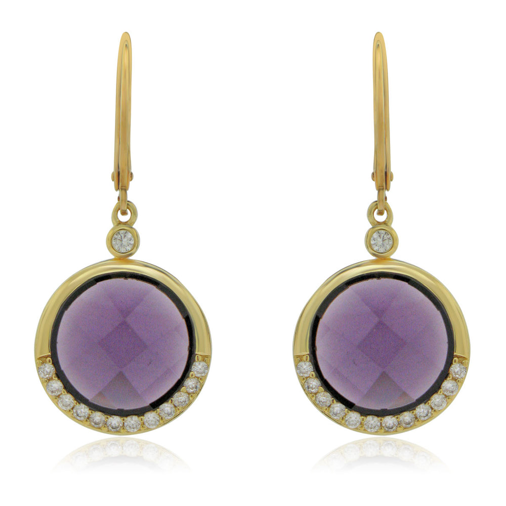 Sterling Silver Gold Plated with Simulated Amethyst and CZ Dangle Earrings