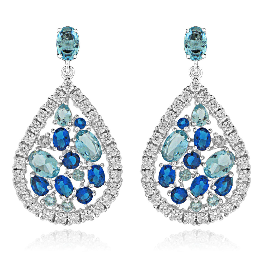 Sterling Silver Rhodium Plated with Simulated Sapphire and Blue Topaz Dangle Earrings