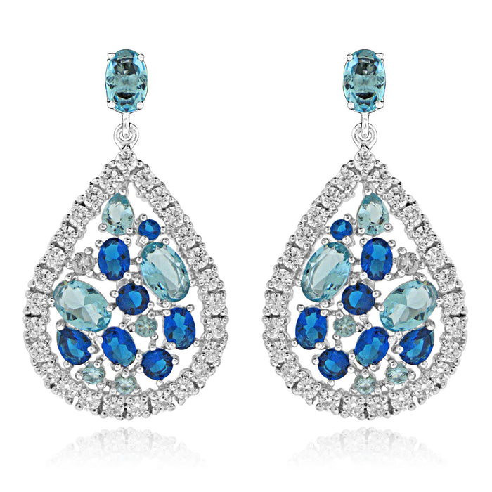 Sterling Silver Rhodium Plated with Simulated Sapphire and Blue Topaz Dangle Earrings