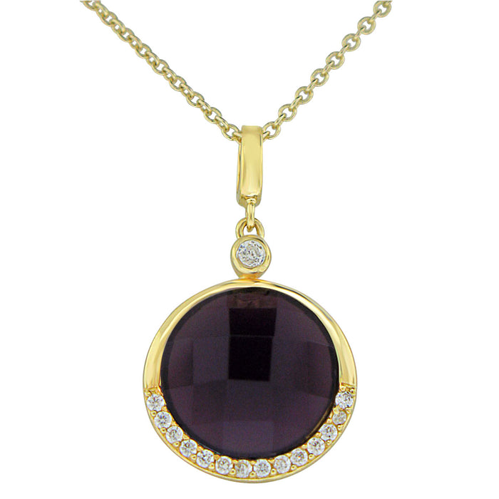 Sterling Silver Gold Plated Round with  Simulated Amethyst and CZ Necklace