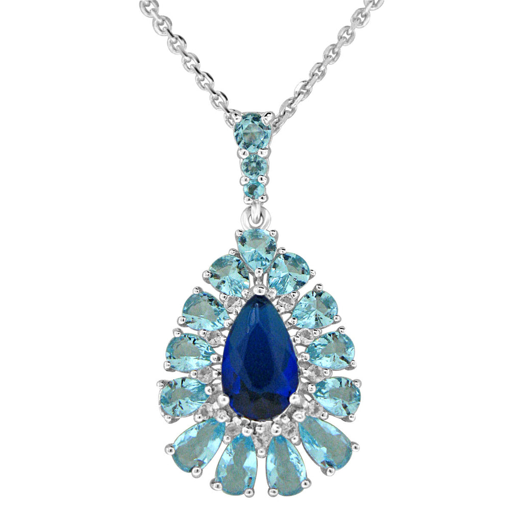 Sterling Silver Rhodium Plated with Simulated Sapphire and Blue Topaz Necklace