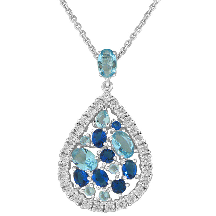 Sterling Silver Rhodium Plated with Simulated Sapphire and Blue Topaz Necklace