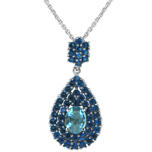 Sterling Silver Black Rhodium Plated with Simulated Blue Topaz and Blue CZ Necklace
