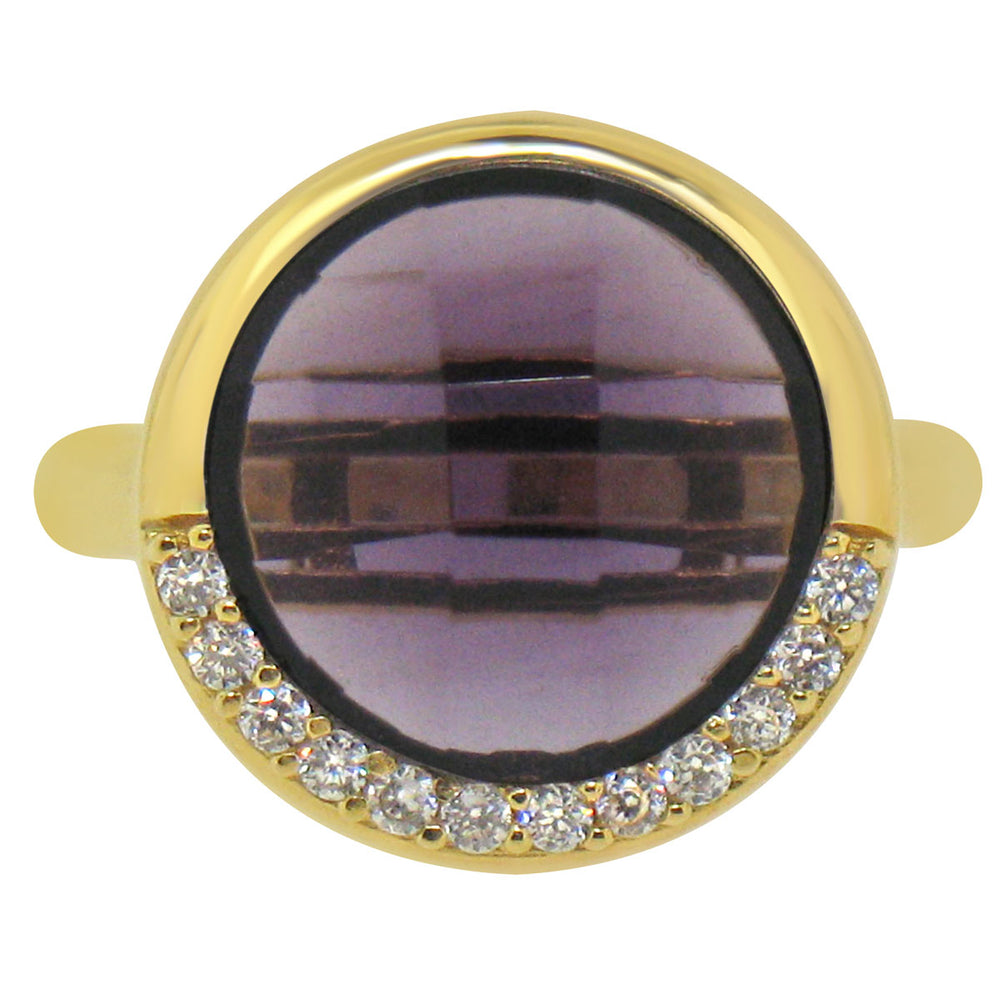 Sterling Silver Gold Plated with Round Simulated Amethyst and CZ Ring