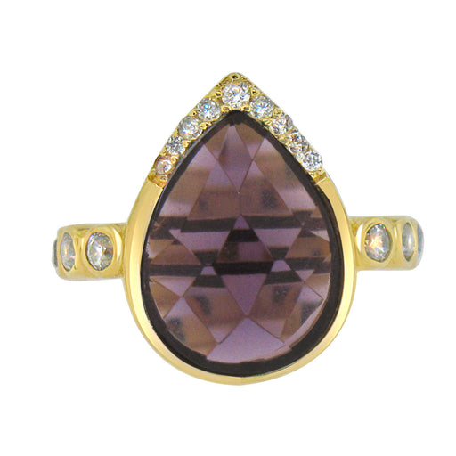 Sterling Silver Gold Plated with Teardrop Simulated Amethyst and CZ Ring