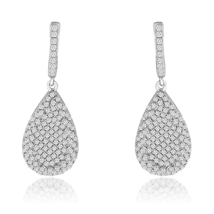 Sterling Silver Rhodium Plated and micro-pave CZ Pear shape Dangle Earrings