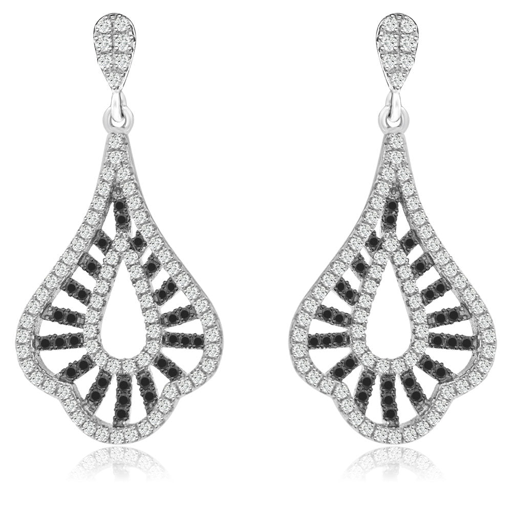 Sterling Silver Rhodium Plated with Black and White CZ Dangle Earrings