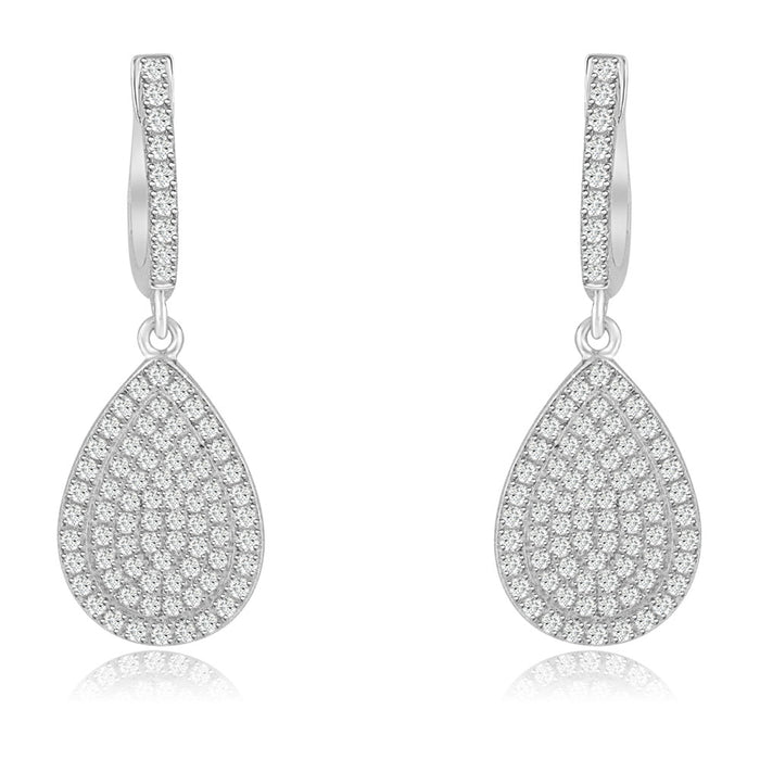 Sterling Silver Rhodium Plated and micro-pave CZ Pear shape Dangle Earrings