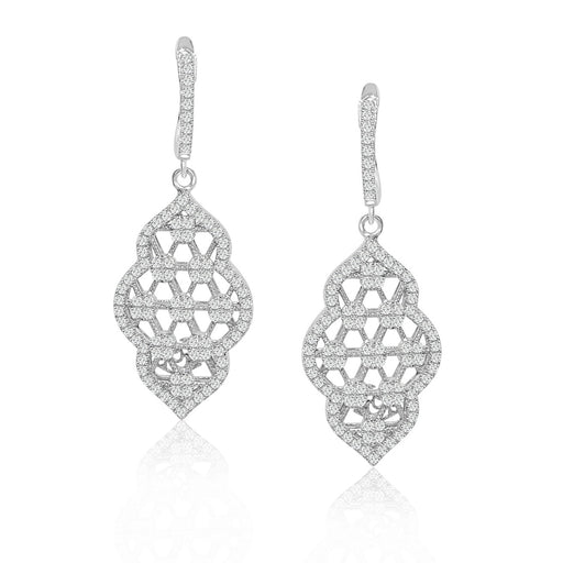 Sterling Silver Rhodium Plated and CZ Ornate Dangle Earrings