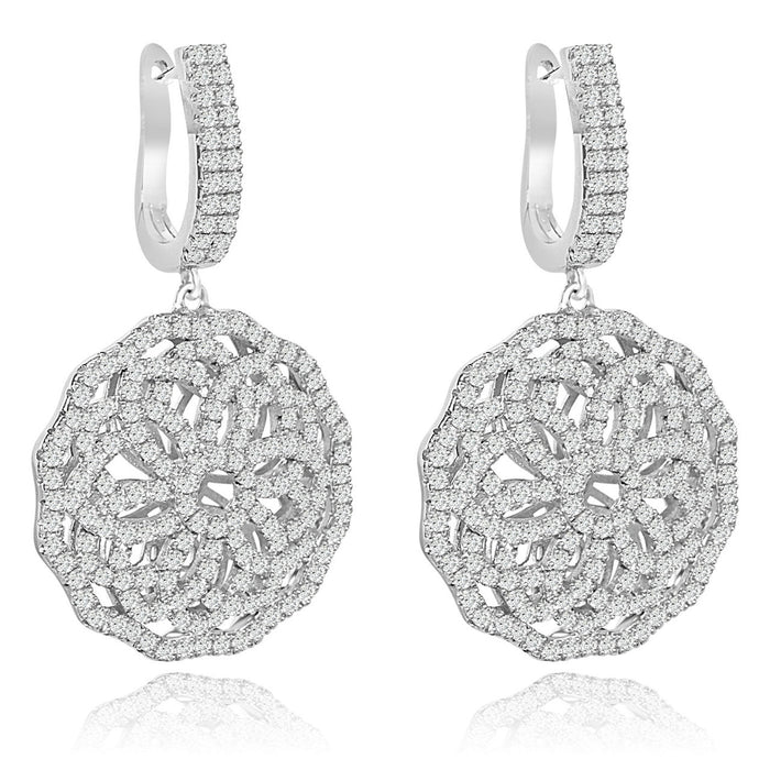 Sterling Silver Rhodium Plated and CZ Flower Dangle Earrings