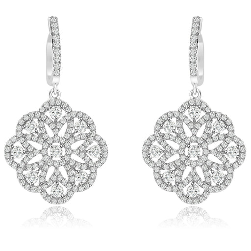 Sterling Silver Rhodium Plated and CZ Flower Dangle Earrings