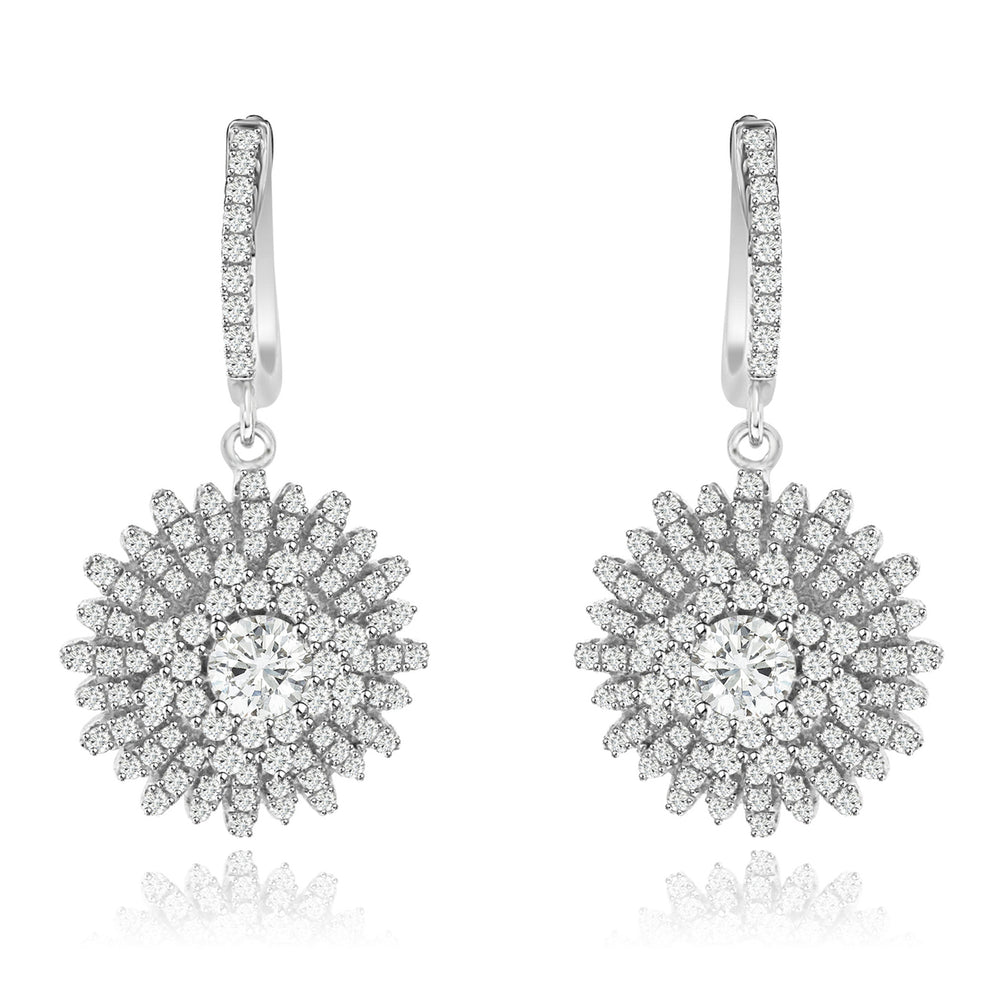 Sterling Silver Rhodium Plated and CZ Micro-pave Bursting Sun Dangle Earrings