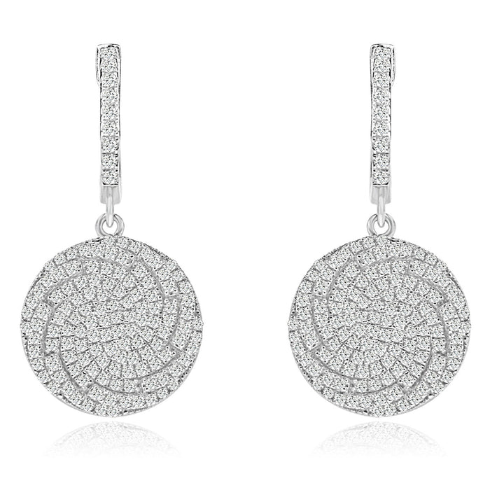 Sterling Silver Rhodium Plated and CZ Round Dangle Earrings