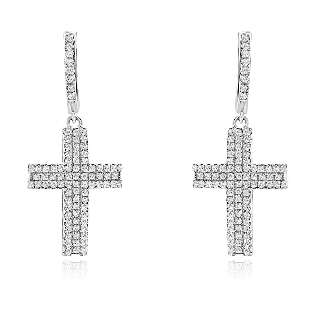Sterling Silver Rhodium Plated and CZ Cross Earrings