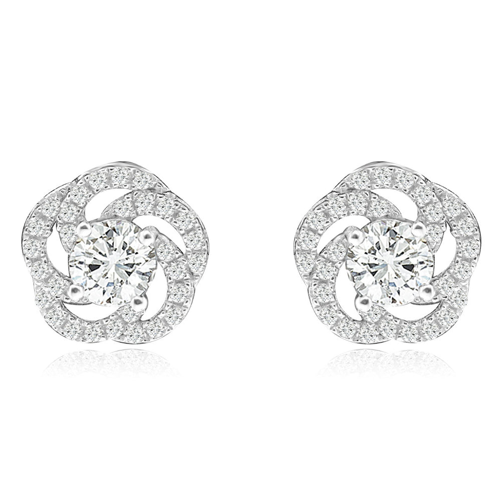 Sterling Silver Rhodium Plated and CZ Flower Screw Back Stud Earrings